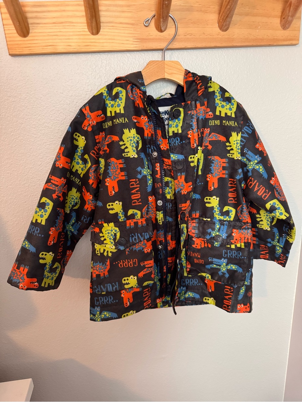 OshKosh B'gosh Black Hooded Raincoat with Bright Dino Print